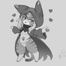 ambiguous_gender anthro biped blush blush_lines clothing digitigrade dot_eyes duo featureless_crotch female gesture hair hand_gesture heart_symbol hood looking_at_another markings pawpads paws pupils simple_eyes solo_focus standing thumbs_up tongue tongue_out whiskers piaopiao capcom monster_hunter monster_hunter_stories_2:_wings_of_ruin tsukino_(monster_hunter_stories) domestic_cat felid feline felis human mammal 1:1 2026 greyscale hi_res monochrome
