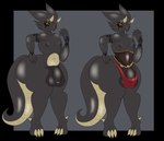 anthro arm_tattoo balls big_balls big_bulge big_butt big_penis black_body bulge butt clothing genitals hand_on_hip horn male nipples penis red_clothing red_eyes red_thong red_underwear solo tattoo thick_thighs thong tongue tongue_out underwear ftmlou cody_(basian) kobold scalie hi_res