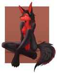 ancesra anthro black_body black_fur breasts canid canine canis claws digital_media_(artwork) ear_piercing exposure_variation featureless_breasts featureless_crotch female fur hair happy hi_res looking_at_viewer mammal multicolored_body multicolored_fur naughty_face nude piercing red_body red_eyes red_fur shaded simple_background smile solo wolf zoe_(nnecgrau)