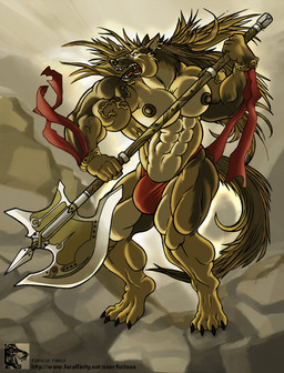 anthro axe barazoku biped bulge claws clothed clothing ear_piercing fangs glowing glowing_eyes greataxe growling halberd male melee_weapon muscular muscular_anthro muscular_male nipples open_mouth piercing polearm snarling solo spear standing tail teeth thong toe_claws underwear vein warrior weapon furious_(artist) mythology canid canine canis mammal mythological_canine mythological_creature werecanid werecanine werecreature werewolf wolf