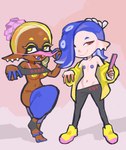 blue_nipples bottomless breasts clothed clothing duo female flat_chested looking_at_viewer nipples topless under_boob yellow_nipples young poivre_moulu nintendo splatoon frye_(splatoon) shiver_(splatoon) cephalopod humanoid inkling marine mollusk octarian octoling hi_res