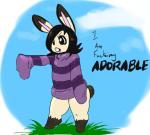 ambiguous_gender anthro biped black_hair bottomless buckteeth clothed clothing featureless_feet feet hair profanity shirt solo standing teeth text topwear oogzie dumbun lagomorph leporid mammal rabbit english_text