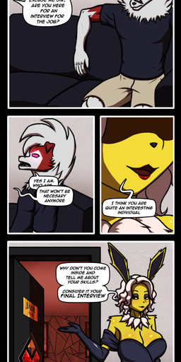 anthro bottomwear breasts cleavage clothed clothing dialogue dress duo female fur furniture glowing glowing_eyes inviting lipstick makeup male neck_tuft pokemorph red_body red_fur shorts sitting sofa speech_bubble text tuft white_body white_fur yellow_body yellow_fur r3ptart nintendo pokemon eeveelution generation_1_pokemon generation_7_pokemon jolteon lycanroc midnight_lycanroc pokemon_(species) comic english_text hi_res