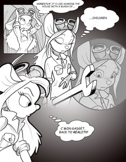 4_fingers anthro breasts clothing eyewear eyewear_on_head female fingers frustrated goggles goggles_on_head hair jumpsuit long_hair pouting solo text thinking thought_bubble thoughts tools wistful wrench chris_fischer chip_'n_dale_rescue_rangers disney gadget_hackwrench mammal mouse murid murine rodent comic english_text hi_res