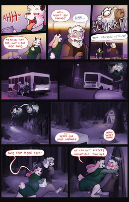 anthro antlers blush bus commercial_vehicle dialogue drinking female forest horn kissing making_out male plant substance_intoxication text tongue tongue_out tree vehicle themuffinly muffin_(themuffinly) winnie_(themuffinly) domestic_ferret jackalope lagomorph leporid mammal mustelid musteline rabbit true_musteline weasel comic english_text hi_res