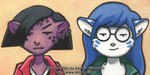 alternate_species anthro black_hair blue_hair clothed clothing duo ear_piercing ear_ring eyewear female fur furrification glasses hair piercing pink_nose purple_body purple_fur ring_piercing white_body white_fur kacey daria_(series) mtv ayukawataur_(character) daria_morgendorffer jane_lane kacey_(kacey) felid feline mammal serval snow_serval 2006 2:1 bust_portrait portrait traditional_media_(artwork)