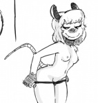 anthro breasts clothed clothing female hair half-closed_eyes narrowed_eyes nipples panties smile solo topless underwear undressing smekbo the_tale_of_jasper_gold maude_o'dell american_opossum mammal marsupial virginia_opossum black_and_white monochrome