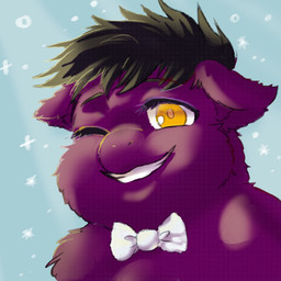 ambiguous_feral ambiguous_gender black_hair bow_tie feral fur grin hair light looking_at_viewer one_eye_closed open_mouth purple_body purple_fur smile smiling_at_viewer solo teeth white_bow_tie wink winking_at_viewer yellow_eyes young young_ambiguous young_feral yellowcottoncandy030 fluffy_pony fluffy_pony_(species) mammal 1:1 2025 colored digital_media_(artwork) hi_res lighting