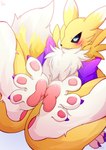 3_toes anthro colored_nails feet female foot_focus fur humanoid_feet nails pawpads paws plantigrade purple_nails purple_toenails soles solo spread_legs spreading toenails toes yellow_body yellow_fur hinata_sakamoto bandai_namco digimon canid digimon_(species) mammal renamon hi_res