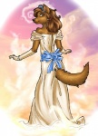 anthro brown_hair clothing crown dress female gem hair headgear jewelry looking_at_viewer looking_back necklace pearl_(gem) pearl_necklace ribbons solo tail anthony_sarkasuo freefall_(webcomic) florence_ambrose bowman's_wolf canid canine canis mammal red_wolf wolf 2004