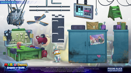 air_tank anthro arms_bent blue_eyes bottomless bottomless_anthro bottomless_male cabinet can ceiling_fan clothed clothed_anthro clothed_male clothing container copyright_symbol desk drill electric_fan engine facial_hair featureless_legs furniture gloves grey_clothing grey_hat grey_headwear grey_topwear grey_vest half-closed_eyes hands_on_own_hips handwear hat headgear headwear hook inside lever long_ears male male_anthro mustache narrowed_eyes no_eyebrows noseless note open_clothing open_topwear open_vest orange_facial_hair orange_mustache pencil_(object) pipe poster_(object) power_tool purple_clothing purple_gloves purple_handwear purple_shirt purple_tank_top purple_topwear screw shirt solo standing stepladder stubble symbol table tan_eyelids tan_inner_ear tank_top tape text tire tools topwear vest washer workshop wrench year alice_pisoni mario_plus_rabbids_sparks_of_hope raving_rabbids rayman_(series) ubisoft momma_(mario_plus_rabbids) lagomorph mammal rabbid 16:9 2023 4k absurd_res adobe_photoshop_(artwork) artist_name colored digital_drawing_(artwork) digital_media_(artwork) english_description english_text hi_res official_art shaded widescreen