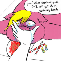 abuse ambiguous_gender ambiguous_human animal_abuse blonde_hair blood bodily_fluids cannibalism crying dialogue duo feral first_person_view force_feeding forced forced_cannibalism fur gore hair human_pov lying on_front pink_body pink_fur pov_hands shove solo_focus suffering tears text torture yellow_eyes young young_feral yellowcottoncandy030 fluffy_pony fluffy_pony_(species) human mammal 1:1 2025 digital_media_(artwork) english_text hi_res
