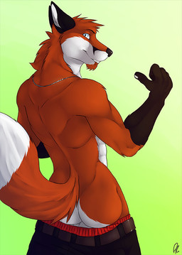 anthro balls black_bottomwear black_clothing black_ears black_nose black_pants blue_eyes bottomwear butt clothed clothing dipstick_tail facial_hair fur genitals gloves_(marking) goatee gradient_background grin head_tuft jewelry looking_at_viewer male male_anthro markings necklace pants red_body red_clothing red_fur red_underwear simple_background smile solo standing tail tail_markings topless tuft underwear white_balls solaxe_(artist) kyubi_(kyubipf) canid canine fox mammal