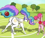 2018 anus bottomless clothed clothed_feral clothing duo equid equine equine_anus feathered_wings feathers female feral friendship_is_magic fur genitals hair hasbro hi_res hooves horn mammal multicolored_hair my_little_pony mythological_creature mythological_equine mythology outside pink_body pink_fur pink_hair pinkie_pie_(mlp) plant princess_celestia_(mlp) puffy_anus purple_eyes pussy rainbow_hair sailoranna sports_ball teats tree unicorn_horn white_body white_fur winged_unicorn wings