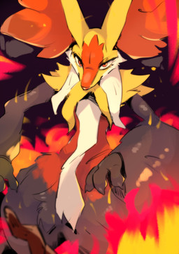 ambiguous_gender anthro claws fire fur inner_ear_fluff multicolored_body red_body red_eyes red_fur solo tuft white_body white_fur yellow_body yellow_fur kusochibikemona nintendo pokemon canid generation_9_pokemon mammal mega_delphox mega_evolution pokemon_(species) absurd_res hi_res