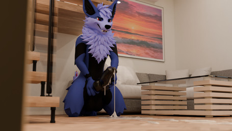 anthro bodily_fluids cum cum_on_ground cum_on_penis ejaculation furniture genital_fluids genitals kneeling kneeling_on_ground knot knotted_penis male masturbation penis sofa solo stairs table baito dakota_(baito) freakhound 16:9 4k absurd_res hi_res widescreen