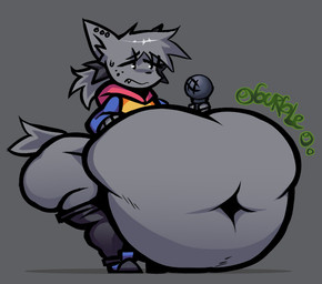 anthro belly belly_on_ground belly_overhang belly_peek big_butt butt deep_navel ear_piercing fur grey_body grey_fur grey_fur_tuft hand_on_belly helix_piercing huge_butt hyper hyper_butt male morbidly_obese navel noisy_belly obese overweight pants_around_thighs piercing solo unsure_expression nitarustarium kapi_(paperkitty) domestic_cat felid feline felis mammal