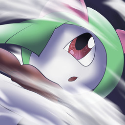 female open_mouth red_eyes simple_background solo wind unknown_artist nintendo pokemon generation_3_pokemon humanoid kirlia pokemon_(species) 1:1 digital_media_(artwork) hi_res