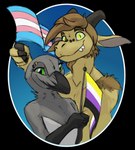 ambiguous_gender anthro black_body black_feathers brown_body brown_fur duo eyebrow_piercing eyebrow_ring facial_piercing feathers flag flag_(object) fur green_eyes holding_flag holding_object lgbt_pride looking_at_viewer nonbinary_pride_colors piercing pride_color_flag pride_color_piercing pride_colors pride_flags ring_piercing transgender_pride_colors magpi mag_(magpi) avian bird chimera corvid magpie_(corvid) oscine passerine 2023 alpha_channel digital_media_(artwork) hi_res nonbinary_(lore) trans_(lore) trans_man_(lore) trans_woman_(lore)