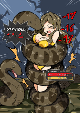 accessory ambiguous_gender apode arm_grab armwear bent_legs big_breasts bikini bikini_bottom bikini_top bodily_fluids breasts brown_body brown_hair brown_scales button_prompt clothed clothing coiling coiling_around_body damage_numbers duo elbow_gloves emanata fangs female female_on_feral feral fight footwear front_view fully_restrained gameplay_mechanics gloves gui hair hair_accessory handwear health_bar huge_breasts leg_grab legless light_body light_skin long_hair navel negative_number number open_mouth outside restrained ryona saliva sandals scales serpentine shirt shoes skimpy slim slim_female slim_human squeezing sweat swimwear teeth text tied_shirt topwear two-piece_swimsuit yellow_bikini yellow_clothing yellow_eyes yellow_swimwear arniro vividred_operation himawari_shinomiya anaconda boa_(snake) boinae draconcopode human mammal reptile scalie snake character_name digital_media_(artwork) hi_res japanese_text