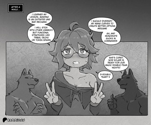 5_fingers after_sex ahoge anthro big_breasts blush bodily_fluids breasts cleavage cloak clothed clothing crossed_arms cum cum_from_mouth cum_in_mouth cum_inside dead_eyes dialogue double_v_sign drooling eyewear female fingers genital_fluids gesture glasses group hair hand_gesture heart_symbol human_focus humanoid_hands looking_up male not_furry_focus nude saliva solo_focus speech_bubble sweat text thumbs_up v_sign rammionn eclair_(spicymancer) canid canine canis human mammal wolf 2026 english_text greyscale monochrome brother_(lore) brothers_(lore) sibling_(lore)