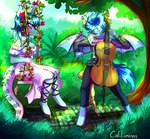 anthro bowed_string_instrument cello clothing dress duo female garden male musical_instrument playing_cello playing_music string_instrument caliluminos hasbro my_little_pony dusk_cello opal_brona bat equid equine horse hybrid mammal pony reptile scalie snake absurd_res hi_res