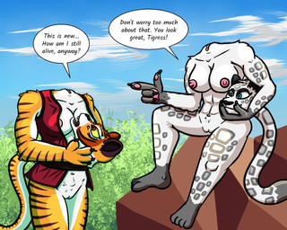 anthro areola bottomless bottomless_anthro bottomless_female breasts breath clitoris clothed clothing detachable detachable_head duo female genitals gloves_(marking) headless holding_own_head markings muscular muscular_anthro muscular_female neck_pussy(on_body) nipples nude open_clothing open_mouth open_topwear orange_body sitting topwear unusual_anatomy unusual_genitalia_placement unusual_vulva_placement vulva what trakmiro dreamworks kung_fu_panda master_tigress felid mammal pantherine snow_leopard tiger 5:4