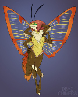 antennae_(anatomy) anthro arthropod_abdomen breasts digitigrade featureless_crotch female fur gradient_background green_eyes hair hand_on_hip hands_behind_head insect_wings multi_arm multi_limb neck_tuft nipples non-mammal_breasts non-mammal_nipples nude red_hair simple_background solo tuft wings dead_chimera arthropod insect lepidopteran moth hi_res