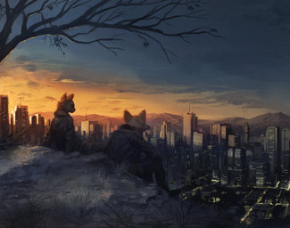 anthro city cityscape clothing detailed_background duo hill male modern_architecture plant sky sunset tree whaleoil1 canid canine fox mammal 2020 hi_res