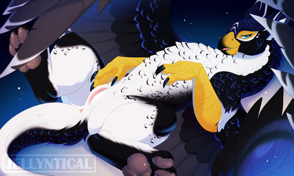 anus beak bedroom_eyes big_feet black_body black_fur bodily_fluids butt clitoris feathered_wings feathers feet female feral fur genital_fluids genitals half-closed_eyes looking_at_viewer lying narrowed_eyes on_back open_mouth pawpads paws presenting presenting_hindquarters presenting_vulva seductive simple_background smile solo spread_legs spreading tail talons teasing toes vaginal_fluid_string vaginal_fluids vulva white_body white_fur wings conditional_dnp jellyntical mythology deya_(billeur_entropy) avian gryphon mythological_avian mythological_creature 5:3