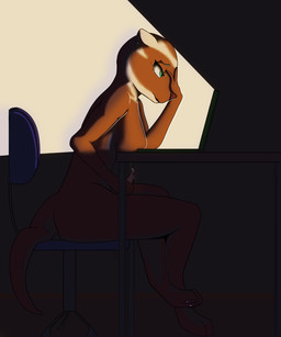 anthro bodily_fluids breast_rest breasts bright_light brown_body brown_fur chair computer crossed_legs ear_piercing ear_ring electronics fur furniture genital_fluids genitals green_eyes gynomorph hand_on_face hand_on_penis inside intersex laptop leaking_precum masturbation on_chair pale_fur pawpads penile penile_masturbation penis piercing precum ring_piercing sitting sitting_on_chair solo tail tapering_penis burnyburnstein penny_(burnyburnstein) mammal mustelid 5:6 absurd_res digital_media_(artwork) hi_res trans_(lore) trans_woman_(lore)