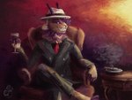 anthro chair cigarette clothing container cup drinking_glass furniture glass glass_container glass_cup grinning_at_viewer hat headgear headwear mafia male necktie oil painterly purple_eyes simple_background sitting solo suit wine_glass sydney_onmars bovid caprine goat mammal hi_res