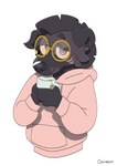 anthro beverage clothing coffee container cup eyebrows eyewear facial_markings fluffy fluffy_hair glasses hair head_markings holding_container holding_cup holding_object hoodie looking_at_viewer male markings simple_background smile smiling_at_viewer solo thick_eyebrows tired_eyes topwear oonekoh abilify_(character) hyena mammal spotted_hyena absurd_res half-length_portrait hi_res portrait