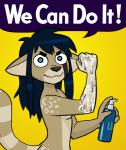 anthro blush bottle breasts container female feminism green_eyes hair humor looking_at_viewer lube nude parody poster poster_template side_boob simple_background solo speech_bubble teal_eyes text mondegreen we_can_do_it! rosie_the_riveter sin_(sonne) genet mammal viverrid english_text meme