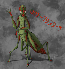 1_toe 3_fingers ambiguous_gender arm_markings arthropod_abdomen compound_eyes exoskeleton facial_markings fingerless_(marking) fingerless_gloves_(marking) fingers forehead_markings front_view gesture gloves_(marking) green_body green_exoskeleton green_fingers grey_background head_markings looking_aside mandibles markings pseudo_pupils red_hands red_markings red_mouth red_text simple_background solo text three-quarter_view waving chimericecho scp_foundation alien arthropod insect mantis scp-7999-3 2025 absurd_res clip_studio_paint_(artwork) colored digital_media_(artwork) digital_painting_(artwork) english_description full-length_portrait hi_res painting_(artwork) portrait shaded signature species_name