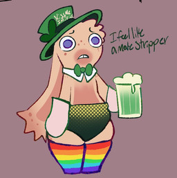 anthro beer_mug beverage blue_eyes bow_tie brown_background brown_freckles clothing container cup dialogue ear_tuft floppy_ears freckled_face freckles fur green_bow_tie green_clothing green_hat green_headwear green_line_art green_underwear handwear hat headgear headwear holding_beer holding_beverage holding_container holding_cup holding_mug holding_object holidays legwear long_ears lop_ears male male_anthro mittens mug multicolored_clothing multicolored_legwear multicolored_stockings no_pupils noseless rainbow_clothing rainbow_legwear rainbow_stockings shirt_collar simple_background solo standing stockings tan_body tan_fur tan_inner_ear tan_skin teeth text thick_thighs thin_eyebrows tooth_gap tuft underwear white_clothing white_handwear white_mittens wide_hipped_anthro wide_hipped_male worried critterzone13 raving_rabbids rayman_(series) st._patrick's_day ubisoft fan_character lemon_(critterzone13) lagomorph mammal rabbid 2024 colored_line_art digital_drawing_(artwork) digital_media_(artwork) english_description english_text flat_colors full-length_portrait portrait