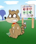 angry anthro collar leash male outside solo text matiu cartoon_network regular_show rigby_(regular_show) mammal procyonid raccoon english_text