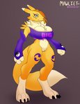 anthro big_breasts bra breasts clothing female fur fur_tuft genitals looking_at_viewer pussy simple_background slim small_waist solo sports_bra standing tuft underwear yellow_body yellow_fur mawliet bandai_namco digimon canid digimon_(species) mammal renamon absurd_res hi_res