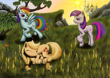 blonde_hair blue_body blue_feathers blue_fur castle clothing cutie_mark detailed_background eye_contact feathered_wings feathers female feral flower frown fur grass group hair hat headgear headwear horn looking_at_another mountain multicolored_hair one_eye_closed outside pink_hair plant purple_body purple_eyes purple_fur purple_hair quadruped rainbow_hair smile sun tail tree two_tone_hair water waterfall wings wood leyanor friendship_is_magic hasbro my_little_pony mythology applejack_(mlp) rainbow_dash_(mlp) twilight_sparkle_(mlp) earth_pony equid equine horse mammal mythological_creature mythological_equine pegasus pony unicorn 2012