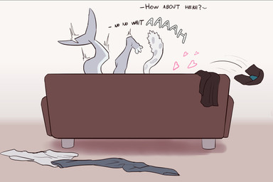 anthro clothing discarded_clothing duo fin furniture heart_symbol male male/male raised_leg sofa suggestive tail tail_fin undressing vocalization joeyjazz fishfunk_(modeler) joey_(joeyjazz) tal_(sneptacular) aquatic felid fish mammal pantherine shark snow_leopard 3:2 hi_res