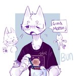 1:1 2023 anthro black_clothing black_eyes black_shirt black_topwear blush blush_lines bunonthemoon clothing coffee_cup container cup domestic_cat eyewear eyewear_on_head felid feline felis fur glasses glasses_on_head hi_res male mammal shirt slim_anthro slim_male solo topwear white_body white_fur