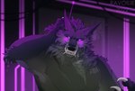 anthro black_body black_fur black_nose claws fur hair male nude purple_body purple_eyes purple_fur purple_hair smile solo teeth ravoilie 2022 digital_media_(artwork) hi_res