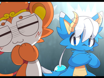 :3 ambiguous_gender anthro black_bars blue_body blue_skin blush duo eyes_closed fingers fur hair horn kemono multicolored_body multicolored_fur orange_body orange_fur semi-anthro two_tone_body two_tone_fur white_body white_fur white_hair yellow_body yellow_skin bayachao asian_mythology east_asian_mythology makemon mythology hayato_(makemon) souma_(makemon) dragon eastern_dragon haplorhine mammal monkey mythological_creature mythological_scalie primate scalie 2018 4:3 letterbox