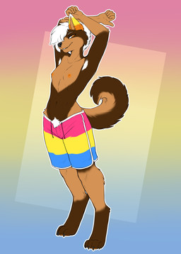 anthro armpit_hair arms_above_head body_hair brown_body brown_fur clothed clothing curled_tail digitigrade female flat_chested fur grin grinning_at_viewer hair lgbt_pride orange_eyes pansexual pansexual_pride_clothing pansexual_pride_colors pride_colors pubes pubic_fuzz seductive smile smiling_at_viewer swimming_trunks swimwear tail tomboy topless topless_anthro topless_female white_hair ajna male_swimwear_challenge canid canine canis domestic_dog husky mammal nordic_sled_dog spitz 2026 digital_media_(artwork) hi_res