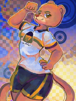 anthro bottomwear breasts brown_eyes clothed clothed_anthro clothed_female clothing eyebrows eyelashes fangs female flexing fur hand_on_hip mascot shirt shorts smile soccer_jersey soccer_uniform solo sportswear tan_body tan_fur teeth topwear uniform pawkettes club_universidad_nacional dhl liga_mx goya_(pumas_unam) cougar felid feline mammal 2026 3:4 hi_res