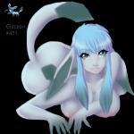 1:1 2013 5_fingers alpha_channel anthro blue_body blue_eyes blue_hair breasts butt canid eeveelution female fingers fur generation_4_pokemon glaceon hair looking_at_viewer lying mammal nintendo nipples nude on_front pokemon pokemon_(species) pokemorph simple_background smile solo sun-hime transparent_background