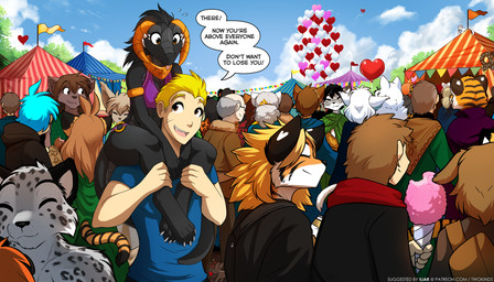 5_fingers ambiguous_gender anthro armlet biped black_body black_tail blep blonde_hair blush blush_lines carrying_another claws clothed clothed_anthro clothed_female clothed_human clothed_male clothing crowd duo_focus female female_anthro fingers front_view fully_clothed fully_clothed_anthro fully_clothed_human fully_clothed_male fur group hair horn male male_human markings multicolored_body multicolored_scales o-ring on_shoulders orange_horn outside scales smile spot_freckles spots spotted_body spotted_face spotted_fur spotted_shoulders standing tail teeth text toe_claws tongue tongue_out tuft two_tone_body two_tone_scales conditional_dnp narikusha tom_fischbach twokinds alice_reed female_snow_basitin flora_(twokinds) keiren_(twokinds) keith_keiser lady_nora_(twokinds) madam_reni_(twokinds) mrs._nibbly natani prince_sorrel sirius_(twokinds) trace_legacy wolfie_(twokinds) basitin canid canine canis cheetah felid feline human keidran kobold lynx mammal pantherine scalie tiger wolf 2026 7:4 digital_drawing_(artwork) digital_media_(artwork) english_text hi_res url