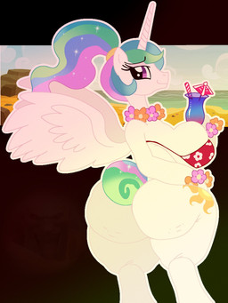 anthro big_breasts big_butt breasts butt cutie_mark feathered_wings feathers female flower_bow flower_necklace fur hair holding_cocktail horn huge_butt looking_at_viewer looking_back looking_back_at_viewer multicolored_hair ponytail purple_eyes rear_view smile solo thick_thighs white_body white_feathers white_fur wide_hips wings mschaox6 friendship_is_magic hasbro my_little_pony mythology princess_celestia_(mlp) equid equine mammal mythological_creature mythological_equine winged_unicorn hi_res