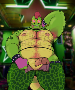 animal_genitalia anthro armpit_hair belly_hair bite biting_lip body_hair bottomwear bracelet chest_hair clothed clothing erection eyewear fingerless_gloves fishnet_clothing fishnet_shirt fishnet_topwear genital_slit genitals glasses gloves hand_behind_head handwear jewelry looking_at_viewer male mohawk musclegut muscular nipples open_bottomwear open_clothing open_pants pants photo_background presenting_genital_slit pubes shirt solo spiked_bracelet spikes tongue tongue_out topwear wearing_glasses newmoonnsfw five_nights_at_freddy's five_nights_at_freddy's:_security_breach scottgames steel_wool_studios montgomery_gator alligator alligatorid crocodilian reptile scalie 5:6 hi_res mixed_media photography_(artwork)