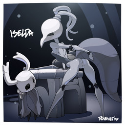 2_horns ambiguous_gender anthro anus arthropod_abdomen biped breasts cloak clothed clothing duo female genitals hollow_eyes horn melee_weapon nail_(weapon) name_drop small_breasts standing text vulva weapon weapon_on_back white_text reabault hollow_knight_(franchise) team_cherry iselda_(hollow_knight) the_knight_(hollow_knight) arthropod vessel_(species) 1:1 2025 english_text hi_res signature